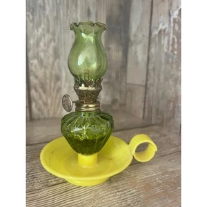 Vintage Miniature Green Glass Hurricane Oil Lamp Night Light Chamberstick - Picture 1 of 3