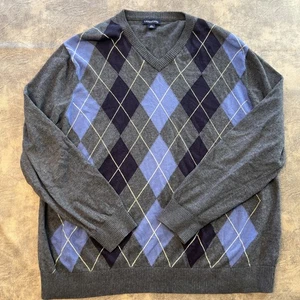 Lands End Pullover Herren 2XL grau Baumwolle Kaschmir Raute Argyle V-Ausschnitt - Bild 1 von 8
