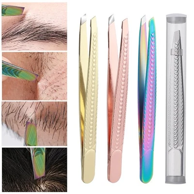 Eyebrow Tweezer Slanted Flat Tip Lash Applicator Eyelash Clip Beard Hair Remove - Image 1 of 4