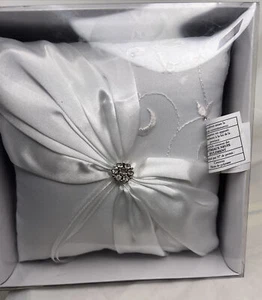 Lillian Rose Ring Pillow White Sash Satin 8" Square Silver With Rhinestones NIB - Picture 1 of 10