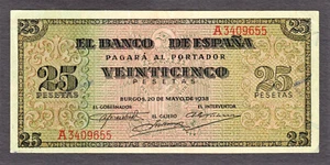 SPAIN 25 Pesetas 1938 Pick-111 Crisp Very Fine - Picture 1 of 2