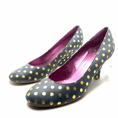 WOMEN'S GRAY LEATHER & GOLD POLKA-DOT OH DEER! WEDGE HEEL PUMPS SZ 8M - Image 1 of 4