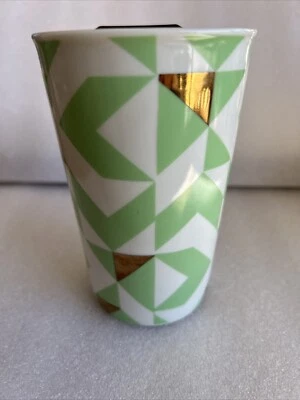 Taza de viaje de cerámica de 12 onzas, patrón geométrico verde y dorado, nueva gran regalo Foto 1 de 4