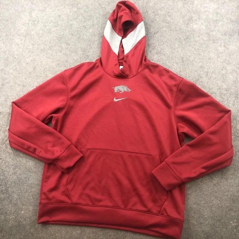 Arkansas Razorbacks Hoodie Mens Medium Red Graphic Center Swoosh Dri Fit Cover