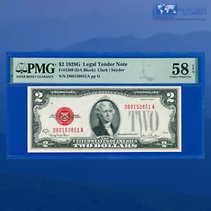 Fr.1508 1928G $2 Two Dollars Legal Tender Note, D/A Block, PMG AU 58 EPQ #50851 - Picture 1 of 3