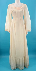 VTG Women's 70s Cream Floral Embroidered Neckline Peasant Maxi Dress S/M 1970s - Picture 1 of 18