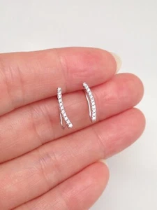 925 Sterling Silver Thin Cz Bar Ear Vine Climber Earrings Crawler 13mm x1mm - Picture 1 of 33