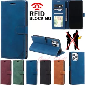 For iPhone 14 13 12 11 XS XR SE 8 7 RFID Blocking Card Wallet Leather Case Cover - Picture 1 of 38