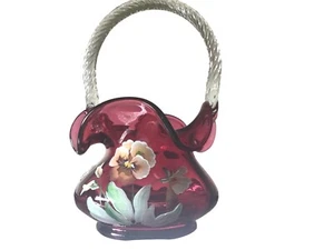 Cesto vintage Fenton mirtillo rosso firmato dipinto a mano pansies dorato firmato V. Gherka 7 - Foto 1 di 13