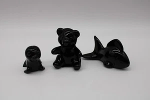 Vntage Oneida Black Crystal Hand Cut & Blown Figures - Set of 3 - Fish Bear Seal - Picture 1 of 8