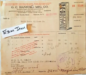 1926 Syracuse Nueva York G. C. Hanford Mfg. Píldoras para hígado de mirra bálsamo Billhead - Imagen 1 de 2