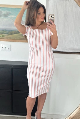 Calvin Klein Size 8 White Pink Stripe Midi Dress - Image 1 of 4