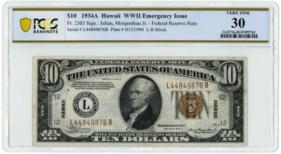 FR. 2303 $10 1934A Hawaii WWII Emergency Issue FRN VF30 PCGS 950332-8 - Image 1 of 3