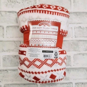 Red & White Plush Throw Blanket 50X60 Super Soft Ugly Sweater Print  - Picture 1 of 4