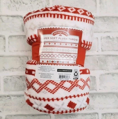 Red & White Plush Throw Blanket 50X60 Super Soft Ugly Sweater Print  - Image 1 of 4