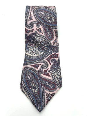 GRAVATA MASCULINA VINTAGE HARDY AMIES TODA DE SEDA ROSA E AZUL PAISLEY LARGA - Imagem 1 de 4
