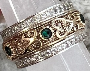 Genuine Green Emerald Diamond Ring SOLID 14K Yellow Gold and SOLID 925 Band 6.5 - Picture 1 of 8