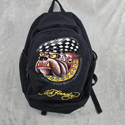 Ed Hardy Bulldog Checker Hat Backpack Black Y2K Graphic Skull Zipper Pull - Image 1 of 4