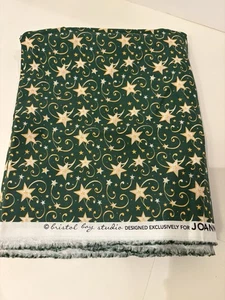 Christmas Fabric Gold And White Stars Swirling Lines Green Background 2 Yards - Picture 1 of 2
