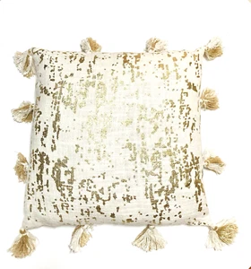 Luxe Throw Pillow 20"sq Cream Woven Frt.Gold Metallic Design 12 Matching Tassals - Picture 1 of 11