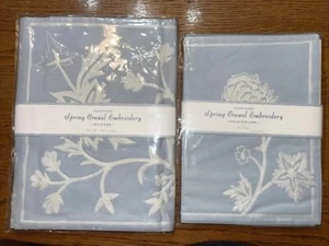 Williams Sonoma SPRING CREWEL Table Runner 16”x90” & 4 Placemats Robin’s Egg Bl - Picture 1 of 5