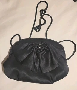 Vintage Black Satin Evening Bag with Bow And Rhinestones Center - Picture 1 of 4