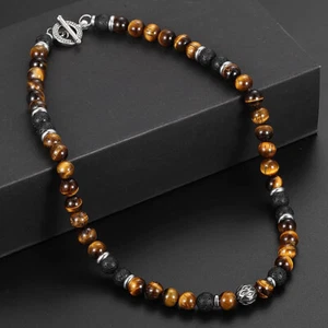 Men's 8mm Natural Tiger Eye Lava Bead Necklace Stainless Steel Toggle 18/20/24" - Picture 1 of 12