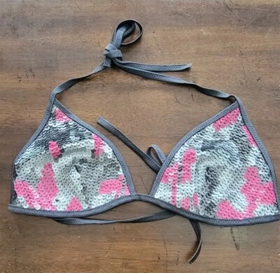 Nuevo sin etiquetas Top de natación bikini Calzedonia Colbey lentejuelas camuflaje rosa plata 123155 Foto 1 de 4