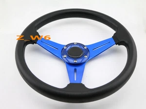 350MM JDM 6 BOLT BLACK PVC BLUE ALUMINUM RACING STEERING WHEEL & HORN BUTTON - Picture 1 of 6