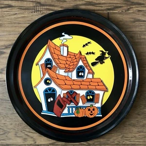 Bandeja para servir Halloween casa embrujada redonda metal bruja calabaza ojos espeluznantes años 80 - Imagen 1 de 12