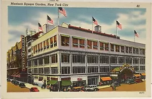 New York City NY ~ Madison Square Garden ~ vecchie auto ~ negozi ~ cartolina di lino - Foto 1 di 2