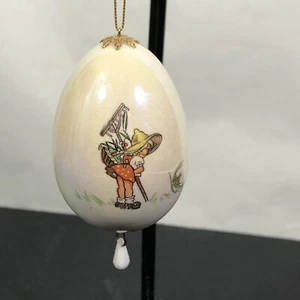 Vintage Christmas Egg Ornament Gardening Girl With Grasshopper - Picture 1 of 6