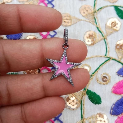 Colgante estrella baquelita rosa con pavé de diamantes de 9 quilates de plata de ley 925 21 mm x 18 mm 036 Foto 1 de 4