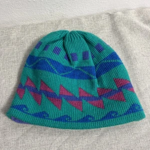 Patagonia Vintage 90s Fleece Lined Wool Teal Purple Geometric Hat Beanie Winter - Picture 1 of 4