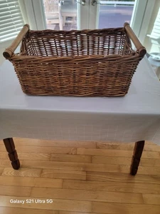 Large Basket Wood Handles Woven Rattan Wicker 15”x11”x8”  - Picture 1 of 6