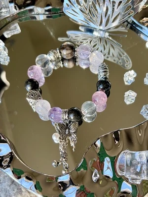 Pulsera cristal mujer diseñador, 12 mm, Amatista, Natural, Elástica, Regalo para ella Foto 1 de 4