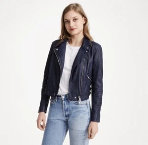 NWOT Club Monaco Collection Rowlen Zip-Front Lamb Leather Moto Jacket Blue Small - Picture 1 of 6