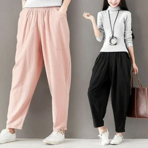 Lady Linen Harem Pants Loose Cotton Trousers Wide Legs Casual Pants Pockets Pink - Picture 1 of 15