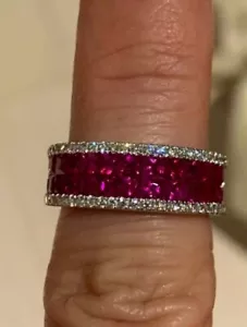 3Ct Princess Lab-Created Red Ruby Half Eternity Ring 14KWhite Gold Plated Silver - Picture 1 of 6