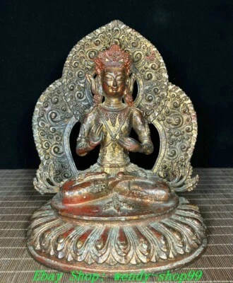 Estatua de Buda de la Diosa Tara Guanyin Blanca Dorada Bronce Budismo Tibetano Antiguo de 10" Foto 1 de 4