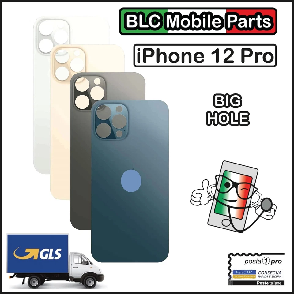 VETRO SCOCCA IPHONE 12 PRO BACK COVER BIG HOLE COPRI BATTERIA APPLE BIANCO NERO