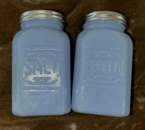 Vintage U S Glass Delphite Blue Salt & Peppe Shakers w/ Hand Pierced Lids ~ EUC - Picture 1 of 8