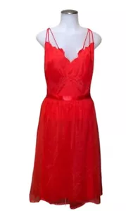 Vtg 60s/70s VANITY FAIR Red Nylon Full Slip Dress~Lingerie~Waist Tie~Lace~sz 38 - Picture 1 of 8