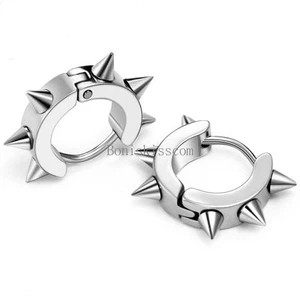 Stainless Steel Men's Awl Taper Rivets Spike Huggie Hoop Earrings Circle Punk - Picture 1 of 3