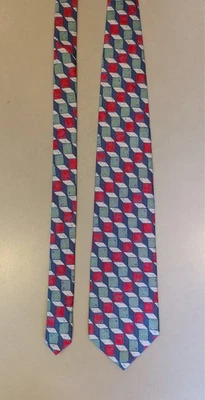 Vtg Saks Fifth Avenue Silk Necktie Red Green Gray Geometric Cubes 3.8 x 57" USA - Image 1 of 4