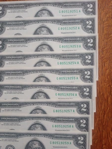 Nine uncirculated Two Dollar Bills Series 2017A Sequential. - Picture 1 of 2