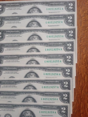 Nine uncirculated Two Dollar Bills Series 2017A Sequential. - Image 1 of 2