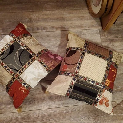 Irfan Textiles Turkish Patchwork Print Gold Tassels  Pillow with Insert Set 2 - Image 1 of 4