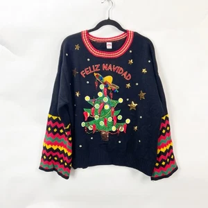 Holiday Time XL NWT Womens Festive Feliz Navidad Black Ugly Christmas Sweater  - Picture 1 of 7