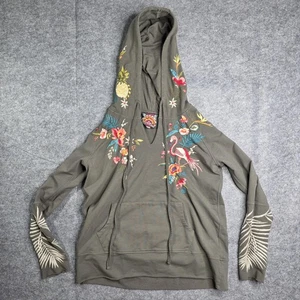 Johnny Was Hoodie Womens Small Green Embroidered Floral Flamingo Pullover Boho - Picture 1 of 9